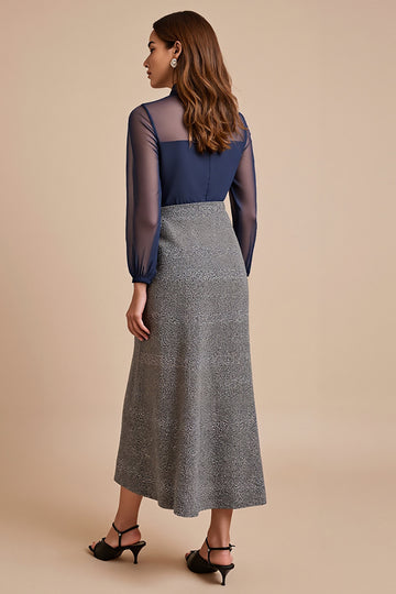 A Line Illusion Neck Grey Work Dress with Long Sleeves